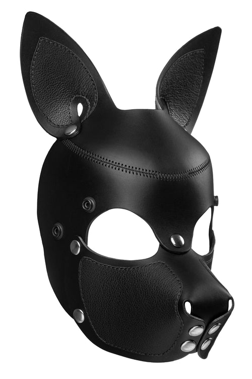 Product photo of a black leather pup mask with pointy ears and stainless steel hardware three quarter view