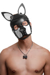 Model wearing a black and white leather pup mask and head harness front view