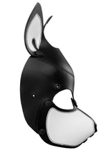 Product photo of a black and white leather pup mask with pointy ears side view