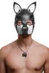 Model wearing a black and white leather pup mask and head harness with stainless steel hardware front view
