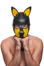 Model wearing a black and yellow leather pup mask and head harness front view