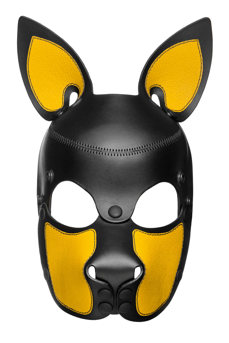 Product photo of a black and yellow leather pup mask with pointy ears front view