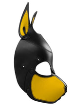 Product photo of a black and yellow leather pup mask with pointy ears side view