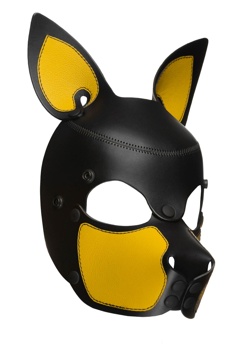 Product photo of a black and yellow leather pup mask with pointy ears three quarter view