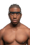 Model wearing black leather head harness with stainless steel hardware, front