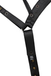 Product photo of black leather jockstrap with stainless steel hardware. Back view.