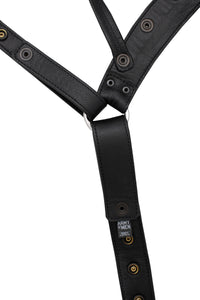 Product photo of black leather jockstrap with stainless steel hardware. Back view.