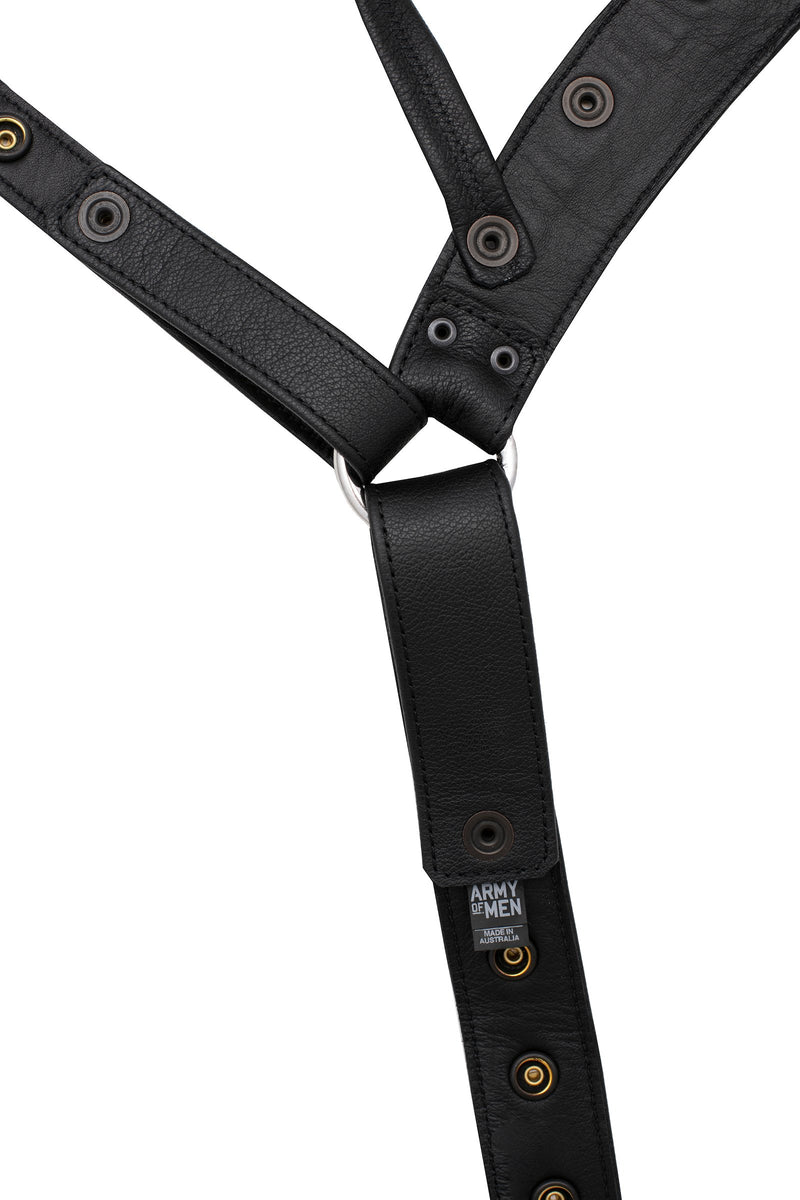 Product photo of black leather jockstrap with stainless steel hardware. Back view.