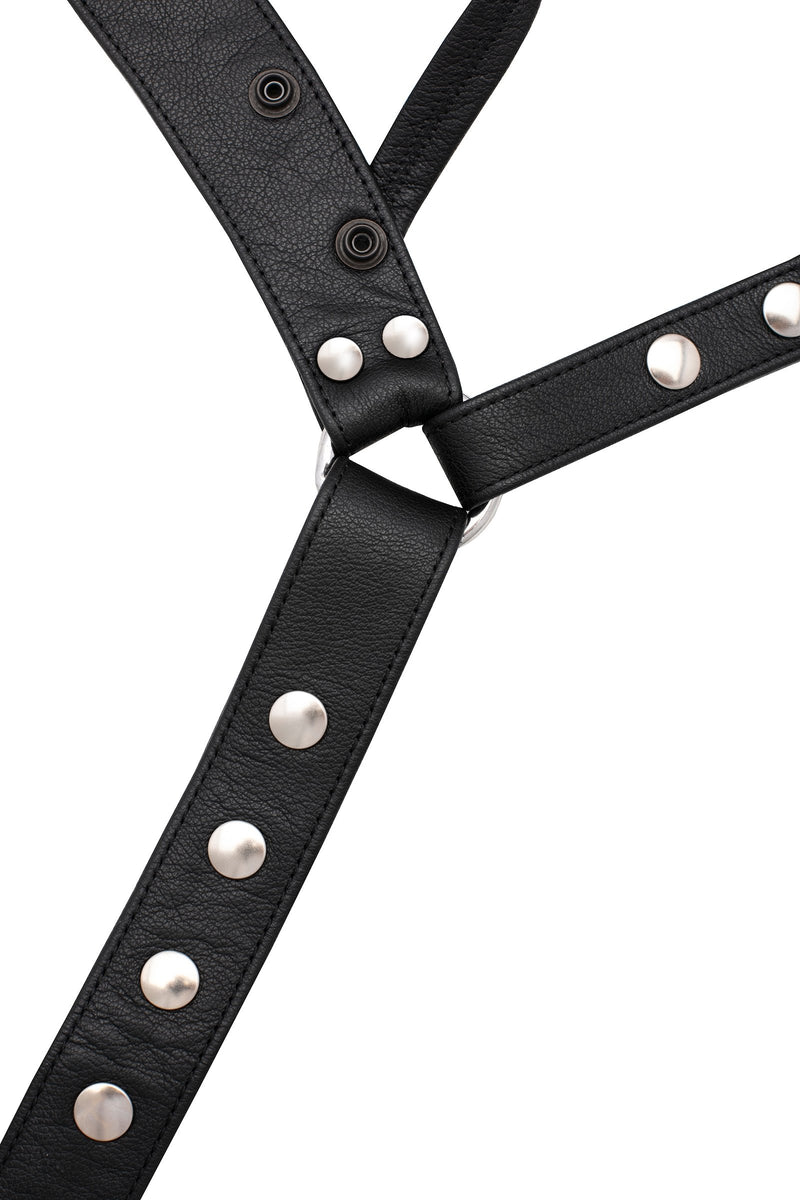 Product photo of black leather jockstrap with stainless steel hardware. Front view.