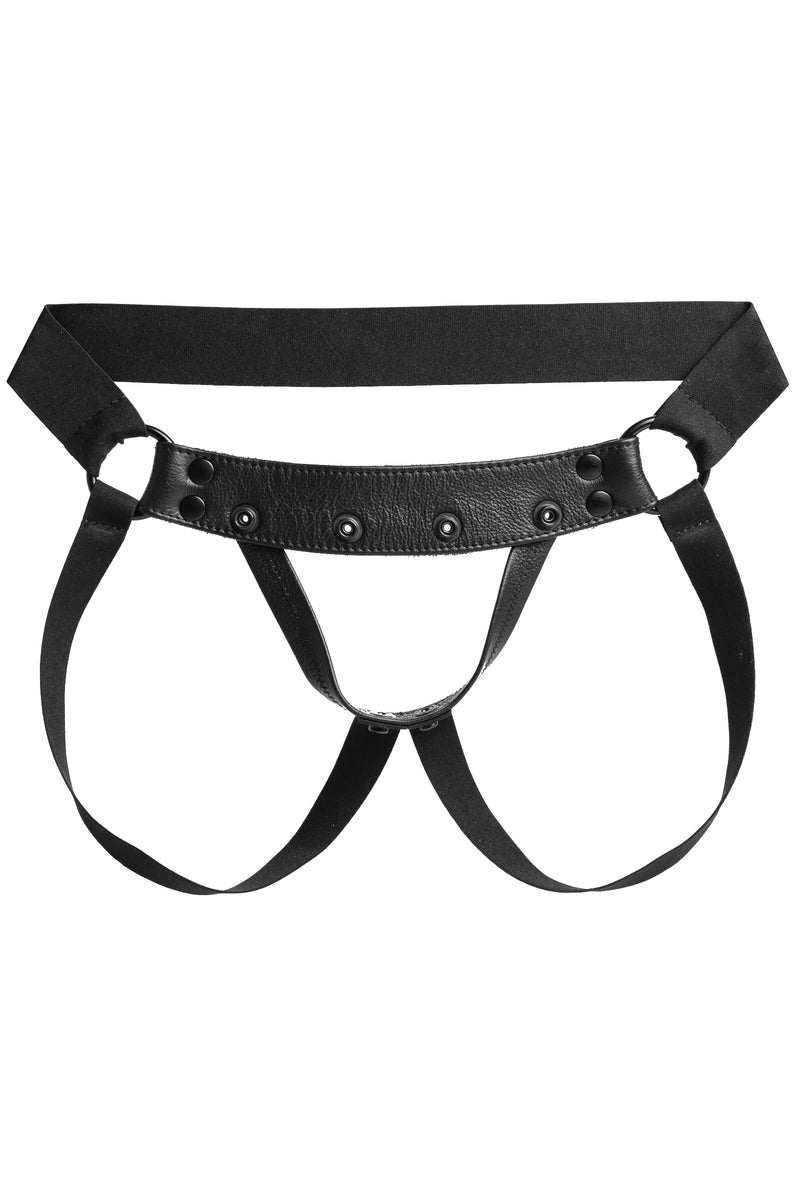 Black elastic and leather jockstrap. Front.