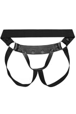 Black elastic and leather jockstrap with stainless steel hardware. Back.