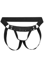 Black elastic and leather jockstrap with stainless steel hardware. Front.