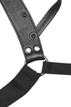 Black elastic and leather jockstrap with stainless steel hardware. Side.