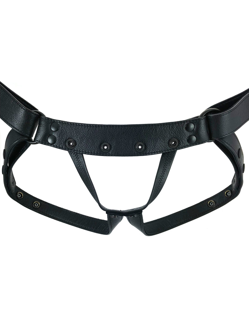 Black leather jockstrap with codpiece removed