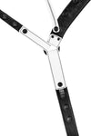 Product photo of white leather jockstrap with black hardware. Back view.
