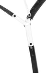 Product photo of a white leather jockstrap with stainless steel hardware. Back view.