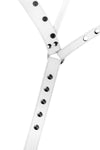 Product photo of a white leather jockstrap with stainless steel hardware. Front view.
