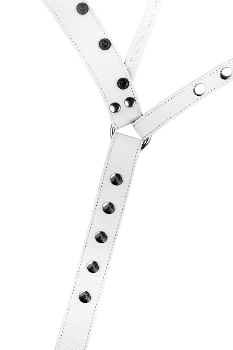 Product photo of a white leather jockstrap with stainless steel hardware. Front view.