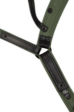 A black and army green combat leather jockstrap. Back view.