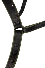 A black and army green combat leather jockstrap. Front view.
