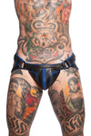 Model wearing a black and blue combat leather jockstrap. Front view.