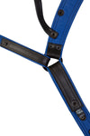 A black and blue combat leather jockstrap. Back view.