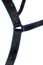 A black and blue combat leather jockstrap. Front view.