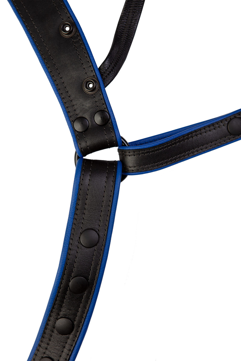 A black and blue combat leather jockstrap. Front view.