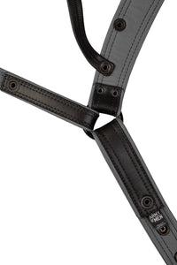 A black and grey combat leather jockstrap. Back view.