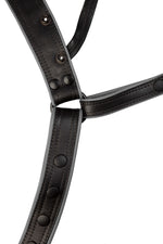 A black and grey combat leather jockstrap. Front view.