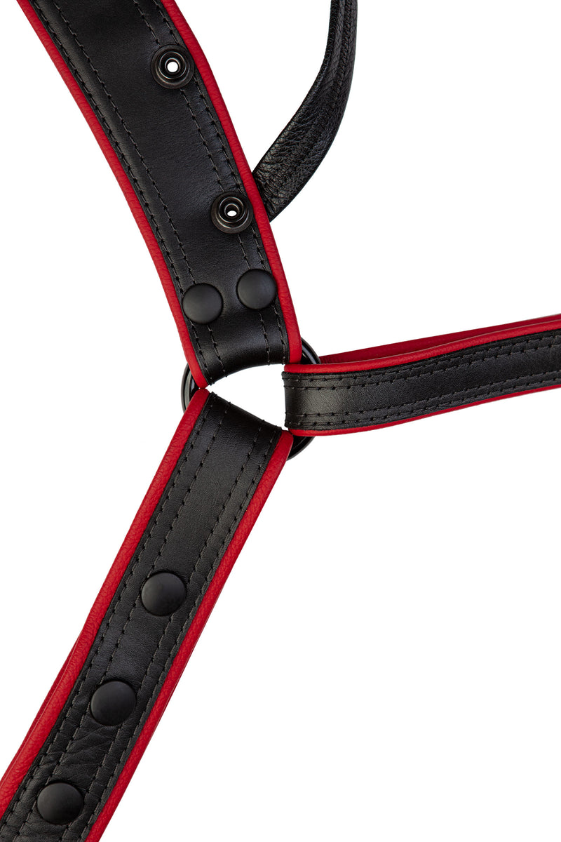 A black and red combat leather jockstrap. Front view.