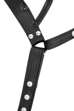Product photo of a black leather and stainless steel combat jock
