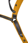 A black and yellow combat leather jockstrap. Back view.