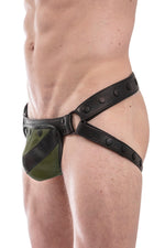 Black leather jockstrap with army green and black leather chevron codpiece