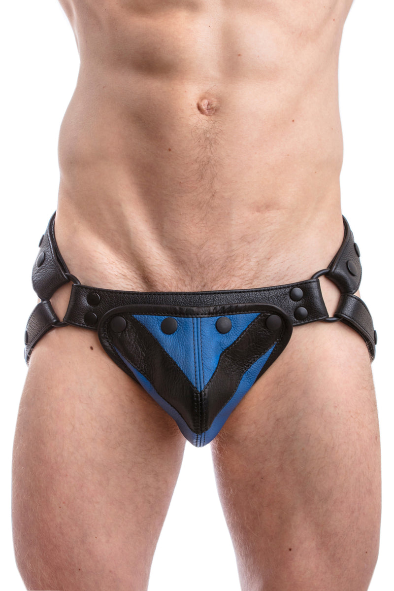 Black leather jockstrap with blue and black leather chevron codpiece