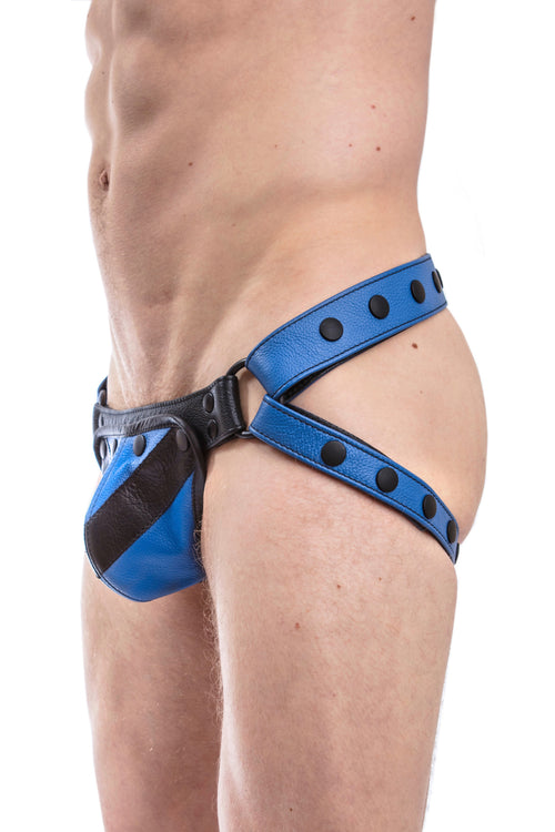 Blue leather jockstrap with blue and black leather chevron codpiece