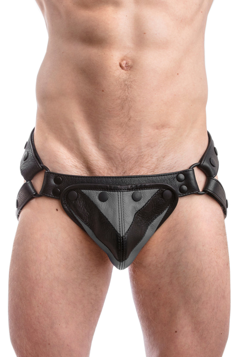 Black leather jockstrap with grey and black leather chevron codpiece