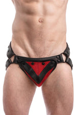 Black leather jockstrap with red and black leather chevron codpiece