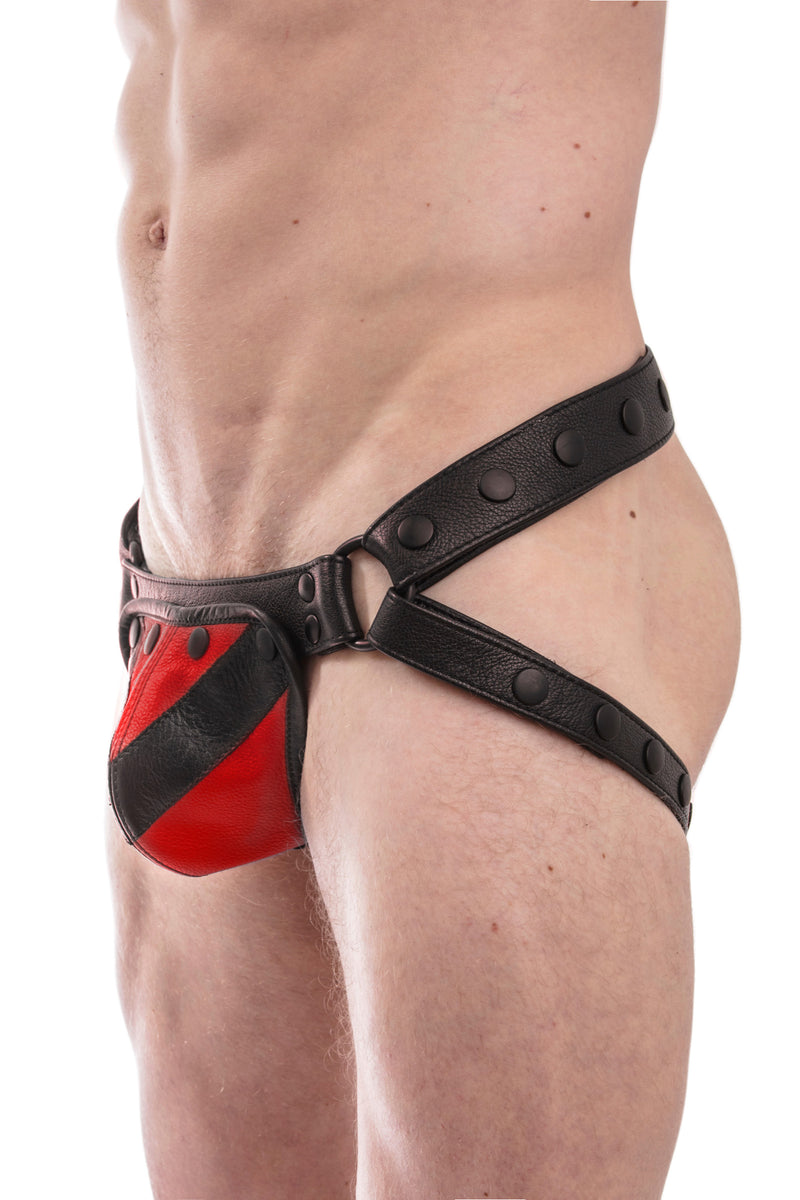 Black leather jockstrap with red and black leather chevron codpiece