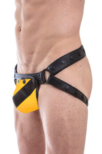Black leather jockstrap with yellow and black leather chevron codpiece