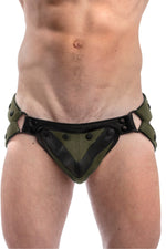 Army green leather jockstrap with army green and black leather chevron codpiece
