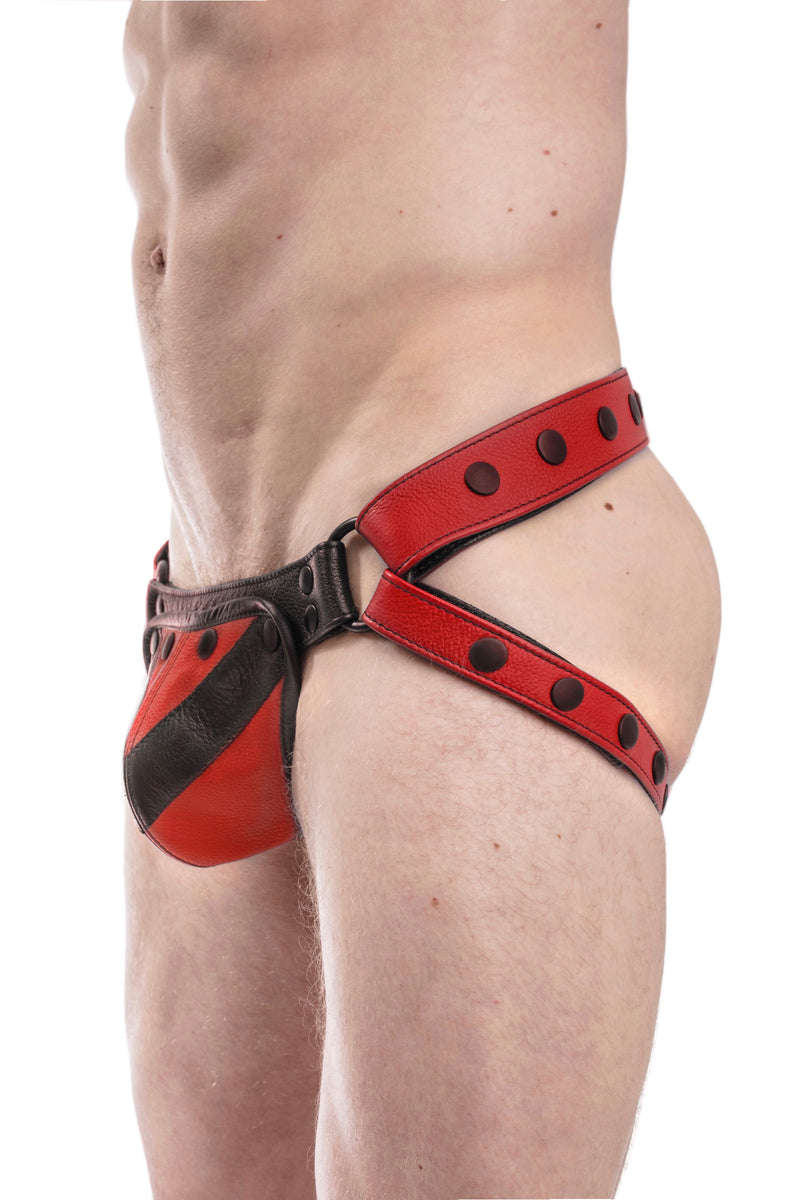 Red leather jockstrap with red and black leather chevron codpiece