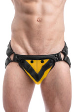 Black leather jockstrap with yellow and black leather chevron codpiece