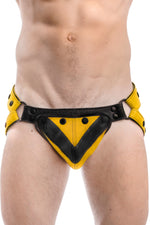 Yellow leather jockstrap with yellow and black leather chevron codpiece
