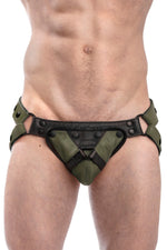 Army green leather jockstrap with army green and black leather harness codpiece