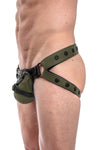 Army green leather jockstrap with army green and black leather harness codpiece