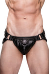 Model wearing black leather harness jockstrap