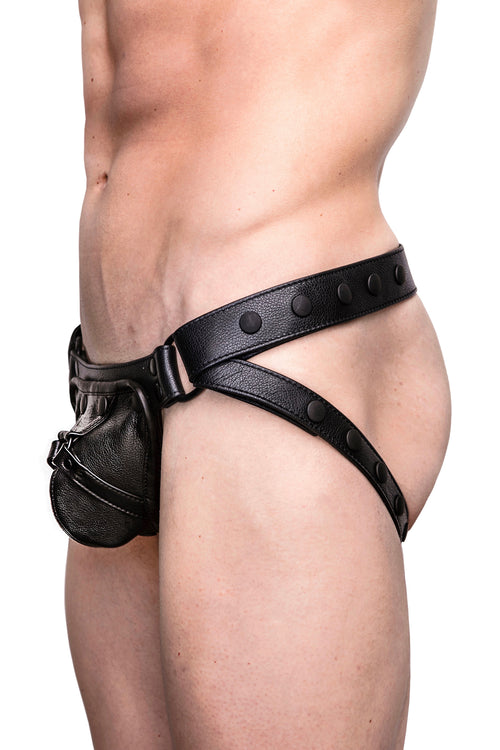 Model wearing black leather harness jockstrap