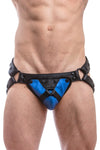 Black leather jockstrap with blue and black leather harness codpiece