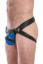 Black leather jockstrap with blue and black leather harness codpiece